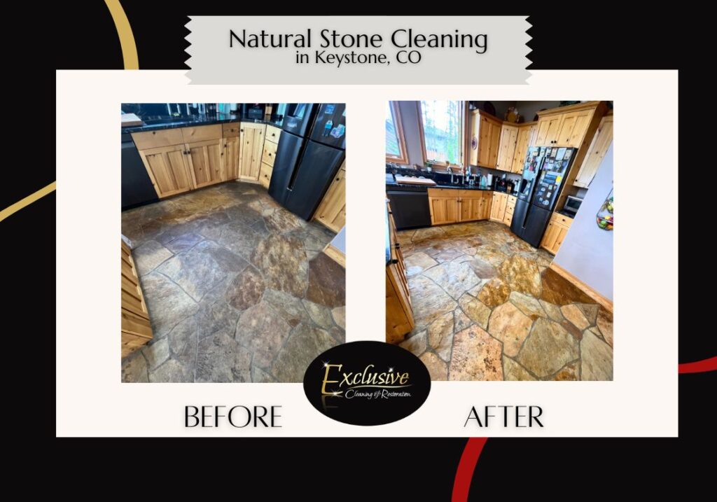 Before and After images of a natural stone floor cleaning and polishing in Keystone, CO. Natural Stone Cleaning and Restoration