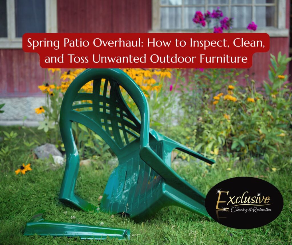 Broken green plastic patio chair in a backyard with flowers and a rustic house, illustrating the need for outdoor furniture cleaning and junk removal services by Exclusive Cleaning and Restoration in Summit County, Colorado.
